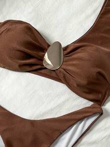 Swim Vcay 2pcs Women's Casual Vacation Elegant Solid Color Halter Bikini Set, Spring/Summer - Brown - View 6