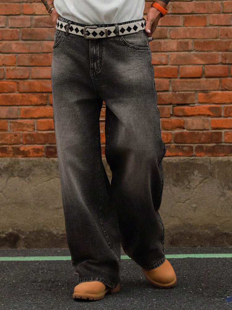 Men's Washed Distressed Dark Grey Long Denim Jeans, Suitable For Spring & Autumn