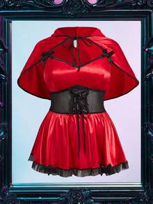 Set de 2 piezas de disfraz de Caperucita Roja y bruja de Halloween, chal y vestido de encaje y satén de talla grande, encantador y dulce para mujer - Rojo - Ver 6