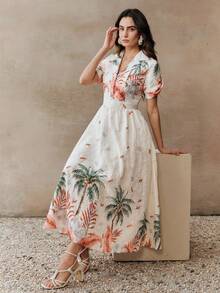 Anewsta Palm Tree Print Embroidered Collar Waist Cinched Short Sleeve Dress, Vacation Style - White - View 6