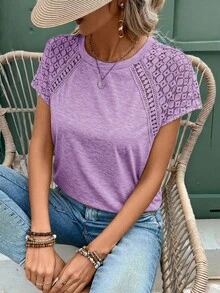 EMERY ROSE Elegant Lace Patchwork Short Sleeve T-Shirt - Purple - View 5