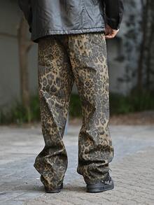 Devon Thys 男士豹纹牛仔裤，复古时尚休闲宽松直筒裤，垃圾摇滚 - 棕色 - 查看 2