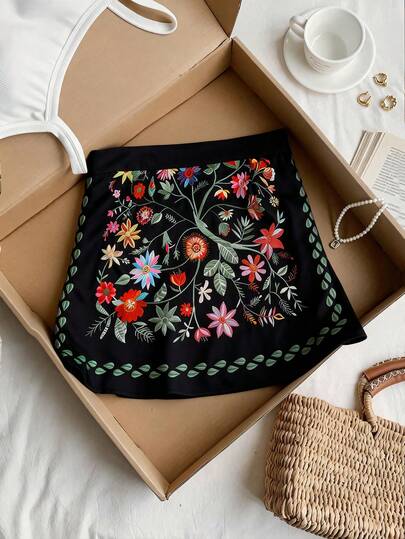 Franclia Plus Size Women's New Faux Embroidery Printed A-Line Skirt, Versatile Casual Music Festival Skirt With Tie Waist And Double Layer Front Panel, Short Length