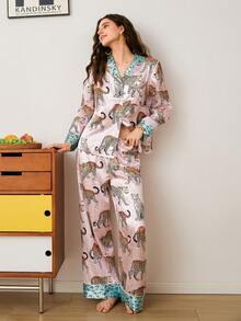 Chillnights 年轻休闲豹纹撞色缎面女士睡衣套装 家居服套装 女士睡衣 女士豹纹印花睡衣套装 缎面睡衣套装 女士睡衣套装 女士睡衣套装 - 彩色 - 查看 5