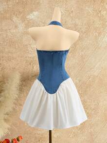 SHEIN MOD Women's Denim Patchwork Ruffle Hem Sexy Halter Neck Dress - Multicolor - View 2