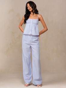 SHEIN BAE Blue & White Striped Casual Commuter Daily Cute Lapel Camisole Top And Low Waist Elastic Waist Striped Wide Leg Pants Set, Suitable For Back To School, Outing, Cute Set, Striped Set, Summer Set, Casual Set, Brunch Set,Blue Two-Piece Set, Vacation Two-Piece Set, Summer Two-Piece Set, Casual Two-Piece Set, Cruise Two-Piece Set, Beach Vacation Two-Piece Set, Blue Striped Two-Piece Set, Holiday Two-Piece Set. - Blue and White - View 2