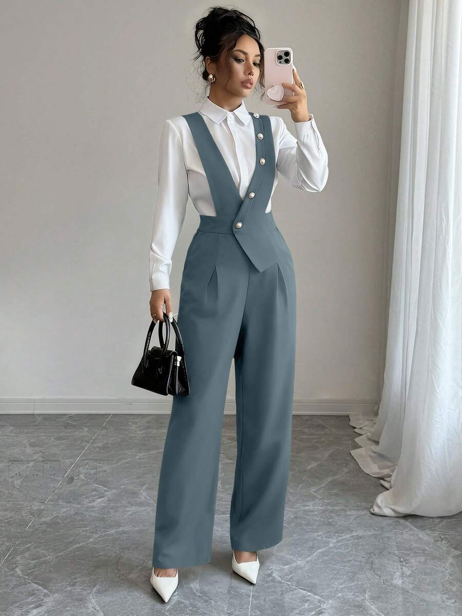 Elenzga 女士新款休闲纽扣设计阔腿连体裤 - 霧霾藍 - 查看 1