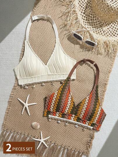 Girls Halter Neck Bikini Top, Pleated Fabric In Beige, Simple Solid Color With Shell Decor At Hem, Suitable For Vacation And Beach. Colorful Woven Texture Patchwork, Infusing Boho And Elements For A Vintage And Exotic Look. Applicable Scenes: Beach Vacation, Leisure On The Sand