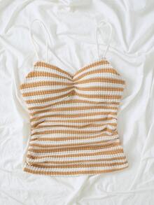 Elamini 女士休闲褶皱条纹吊带背心，适合日常穿着和度假，春夏皆宜 - 鵝黃色 - 查看 3