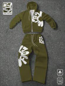 PAVTROS Men's Fashion Zipper Drawstring Casual Hooded Sweatshirt Set, Versatile For Daily Wear - Army Green - View 1