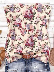 Linhara Blusa sin mangas con cuello en V, estampado floral y volante en el bajo, adecuada para primavera y verano, tallas grandes - Multicolor - Ver 2
