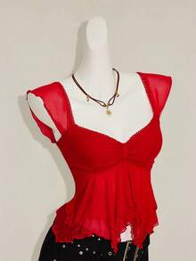 SHEIN ICON Women's Ruched Front Fitted Sexy Mesh Patchwork Cap Sleeve Backless Casual Vacation Cropped Tank Top - Red - View 6