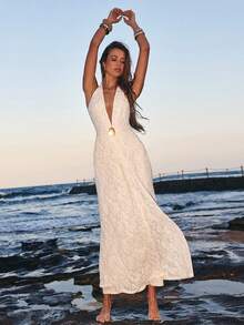 Opulessa 纯色钩编蕾丝露背吊带连衣裙，适合春夏穿着。 - 杏色 - 查看 4