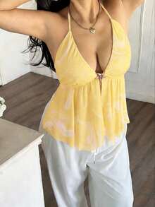 Sunnyshic 大码深V领细肩带露背吊带衫 - 淡黃色 - 查看 3