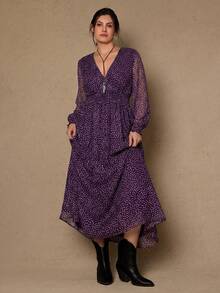 Freevana Plus Size All-Over Print V-Neck Elegant Long Sleeve Dress - Purple - View 5