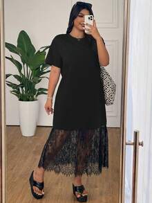 SHEIN EZwear Đầm ngắn tay cổ tròn màu trơn, phối ren, cỡ lớn, thích hợp cho mùa xuân/hè. - màu đen - Xem 4