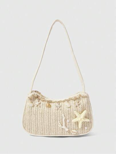 ROMWE Fairycore 一套花卉钩编沙滩手提包和配饰，时尚个性化沙滩度假风贝壳蕾丝女士斜挎包（包含1个包和1套配饰）