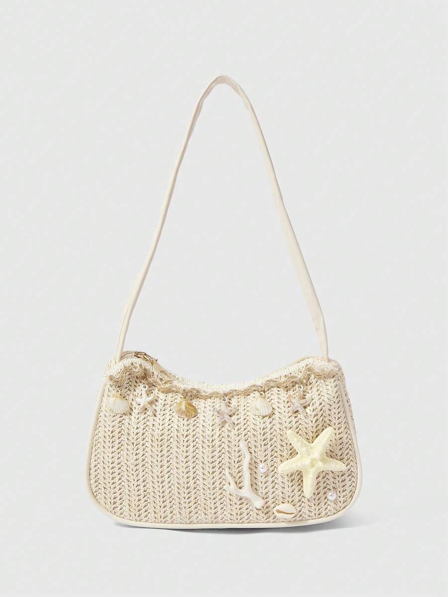 ROMWE Fairycore 一套花卉钩编沙滩手提包和配饰，时尚个性化沙滩度假风贝壳蕾丝女士斜挎包（包含1个包和1套配饰） - 花邊款 - 查看 1