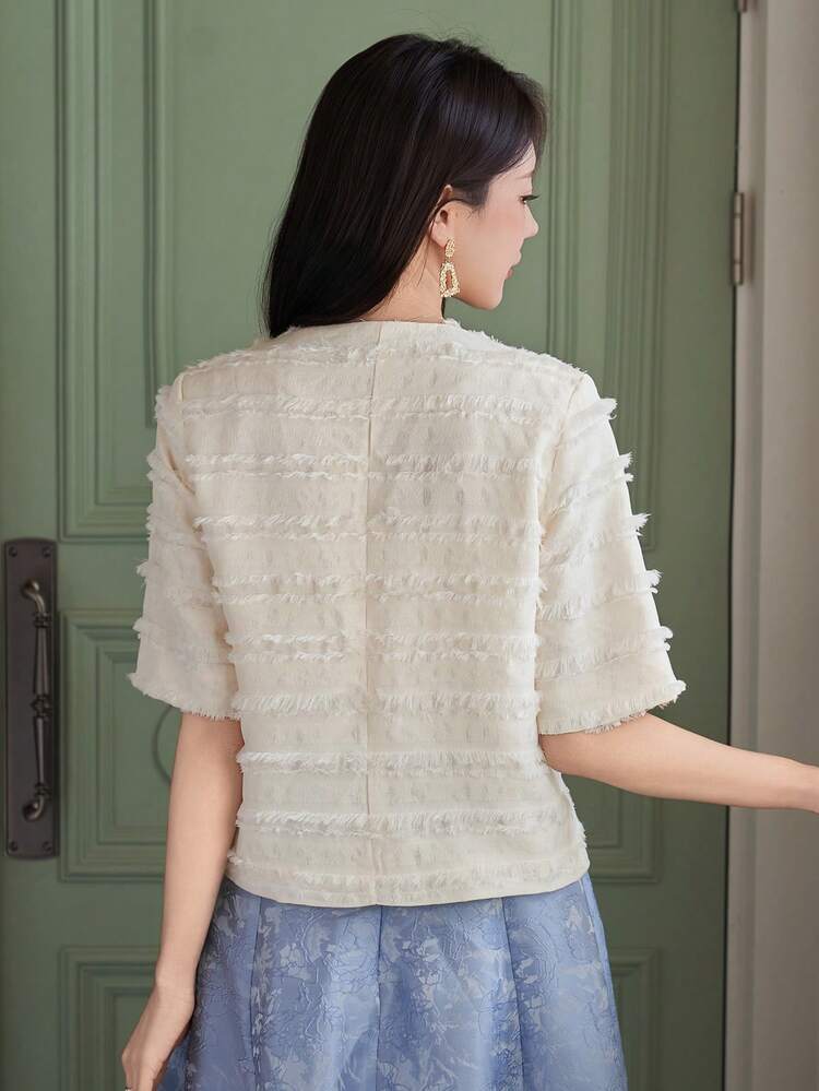 Women's Elegant Textured Round Neck Faux Pocket Blazer Jacket, Spring/Summer,Wedding Guest Dress Women