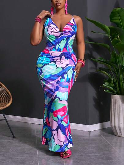 Slaydiva Elegant & Sexy Sleeveless Criss-Cross Backless Draped Neck Tie Dye Print Maxi Dress, Suitable For Dates, Parties, Weddings, Graduations, Beach Vacations, Plus Size