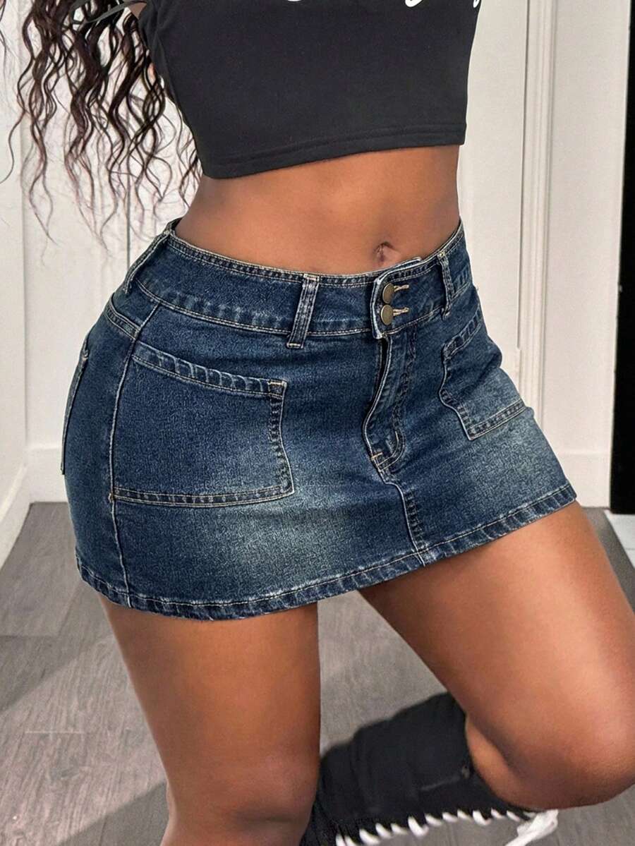 Slaydiva 女士纯色简约休闲牛仔裙 - 深色水洗藍 - 查看 1