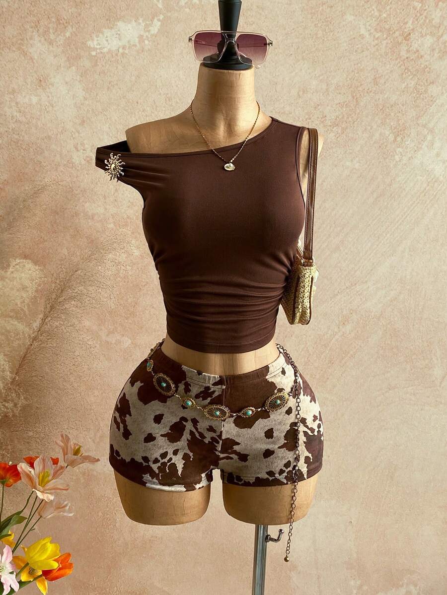 SHEIN WYWH 新款休闲度假西部海滩婚礼宾客着装、毕业早午餐、圣帕特里克节春假、复活节音乐节，优雅波西米亚热带风情露背针织毛绒两件套女装 - 咖啡棕 - 查看 1
