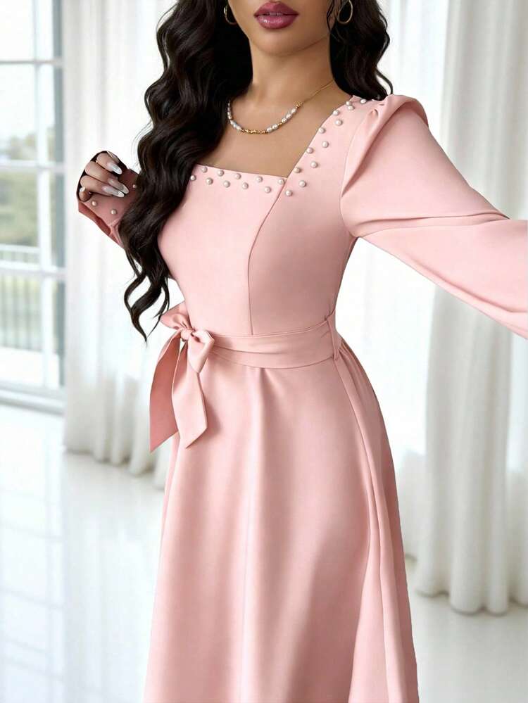 Rafferiza Elegant Burgundy Pearl Decor Vintage Square Collar Puff Sleeve Cinched Waist Ankle-Length Dress, Suitable For Formal Occasions, Weddings, Parties, Daily Wear, Autumn/Winter Elegant Pink Dress Pink Elegant Dress Curve Elegant Dress,Outdoor Clothing, Spring And Summer Clothing - Pink - View 3