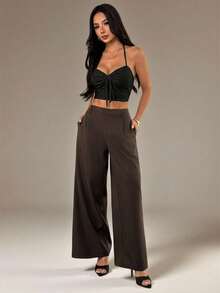 SHEIN PETITE Women's Plain Brown Wide Leg Zipper Closure Long Pants In Casual Woven Fabric - Brown - View 4