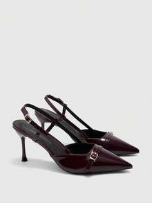 CUCCOO BIZCHIC 女士尖头酒红色系带露跟鞋，时尚优雅，简约百搭，通勤必备高跟鞋 - 深酒紅色 - 查看 7