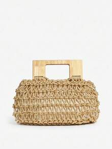 SHECARRY Ladies, Women Top Handle Bags, Fashionable, Elegant, Simple, Personalized, Versatile, Classic, Crochet, Gold, Wooden Handle, For Beach, Vacation, Holiday, Summer, Seaside - Light gold - View 1