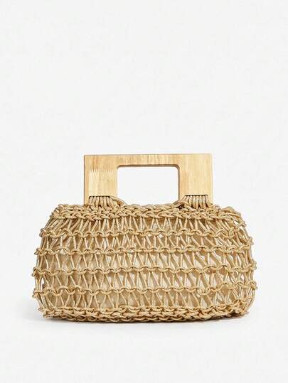 SHECARRY Ladies, Women Top Handle Bags, Fashionable, Elegant, Simple, Personalized, Versatile, Classic, Crochet, Gold, Wooden Handle, For Beach, Vacation, Holiday, Summer, Seaside