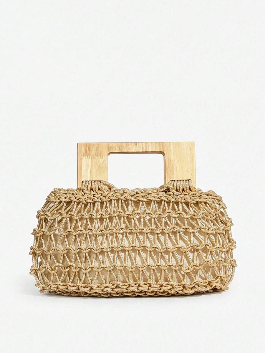 SHECARRY Ladies, Women Top Handle Bags, Fashionable, Elegant, Simple, Personalized, Versatile, Classic, Crochet, Gold, Wooden Handle, For Beach, Vacation, Holiday, Summer, Seaside - Light gold - View 1