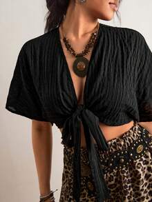 Freevana Plus Size Solid Color Casual Tie-Up Shirt, Summer Tops - Black - View 5