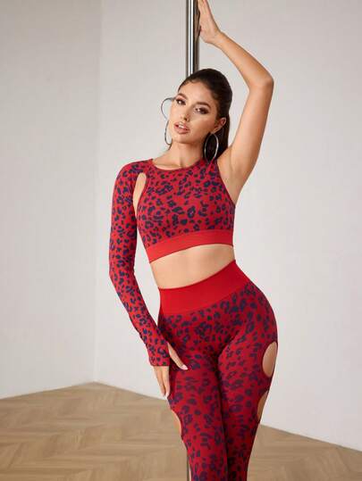 Menodora SHEIN Sport Women's Round Neck One Shoulder Long Sleeve Hollow Out Leopard Print Top, Suitable For Pole Dancing And Stage Performance  Red Black Color