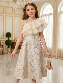 Pitira Đầm dài ngang gối màu mơ trơn, chất liệu organza pha trộn jacquard, nhiều lớp xếp nếp, cổ áo bất đối xứng, vai lệch, dành cho bé gái tuổi teen, thích hợp cho các buổi hẹn hò, tiệc tùng, ngày lễ, tiệc chiêu đãi, tiệc trưa, sinh nhật, năm mới, tựu trường, dạ hội, các buổi gặp mặt buổi tối, mùa cưới, hoặc làm phù dâu. - Màu be - Xem 3