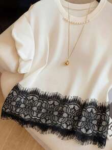 Airaco Women's Casual Contrast Lace Cap Sleeve T-Shirt, Summer - White - View 3