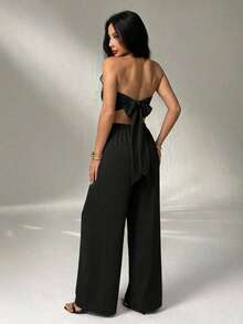 Conjunto de 2 piezas top convertible varias formas de uso y pantalón amplio de tiro alto - Negro - Ver 5