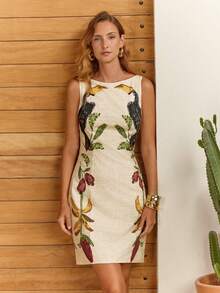 CAJUNI Đầm ngắn không tay với họa tiết thêu chim toucan. - Nhiều màu - Xem 6