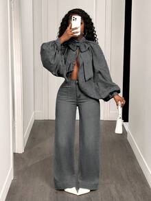 BamGleam 女士休闲牛仔衬衫 - 灰色 - 查看 5