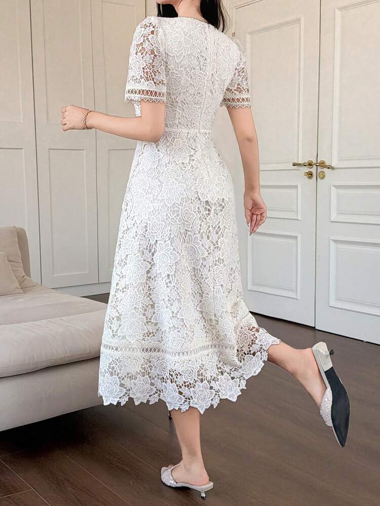 Elegant Romantic V-Neck Waist Cinched Heavy Lace Midi Dress, Fitted Feminine Style With Short Sleeves Wedding Guest Dress Sundress Summer
