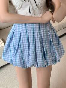 DAZY Women's Fashionable Y2K Plaid Print Bubble Hem Mini Skirt - Blue - View 5