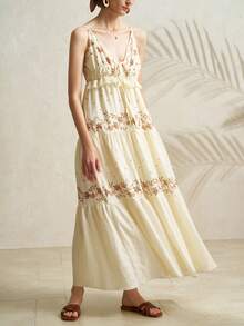 Airaco Embroidered Print V-Neck Sleeveless Backless Dress - Multicolor - View 4