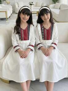 Young Girls' New Geometric Pattern Round Neck Long Sleeve A-Line Casual Maxi Dress, Suitable For Beach Party, Summer - White - View 10