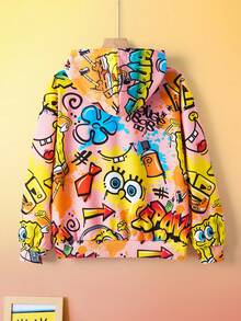 SpongeBob SquarePants | SHEIN Tween Boy Casual Cartoon Pattern Hooded Loose Fit Knit Sweatshirt - Yellow - View 2