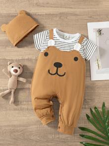 SHEIN 男嬰3D耳朵設計條紋和卡通圖案1連身褲帶1帽 - 彩色 - 查看 5