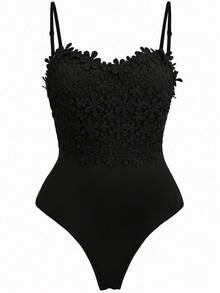 SHEIN PETITE CURVE 大码纯色简约连体衣，日常穿着 - 黑色 - 查看 1