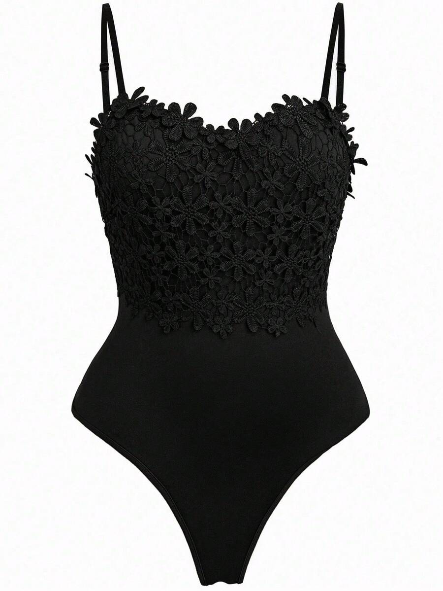 SHEIN PETITE CURVE 大码纯色简约连体衣,日常穿着 - 黑色 - 查看 1