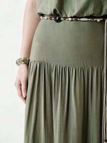 Aalyst 女士春夏单条纹亚麻法式优雅通勤度假浪漫下午茶复古无袖V领收腰上衣，搭配A字褶皱腰身长裙，两件套 - 軍綠色 - 查看 5