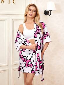 HELLO KITTY AND FRIENDS | SHEIN Women's Cartoon Pattern Belted Casual Short Sleeve Robe - White - View 8