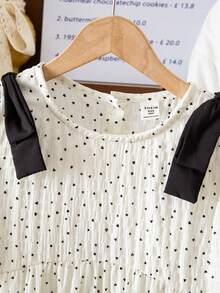 SHEIN Genkimix Kids 韩版波点印花泡泡袖黑色蝴蝶结装饰轻薄宽松连衣裙，休闲夏季装扮 - 黑與白 - 查看 3